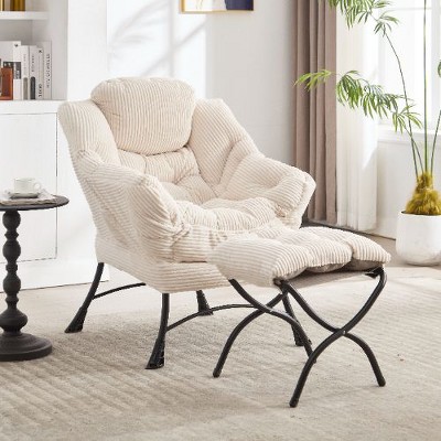 Kumasinova Lazy Sofa Chair with Ottoman, PP Cotton Accent Chair for Living Room, Ergonomic Lounge Armchair with Steel Frame & Soft Flannelette Cover