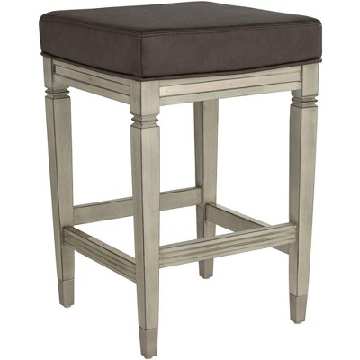 55 Downing Street Wood Bar Stool Gunpowder 26" High Farmhouse Rustic Gray Faux Leather Cushion with Footrest for Kitchen Counter Height Island House