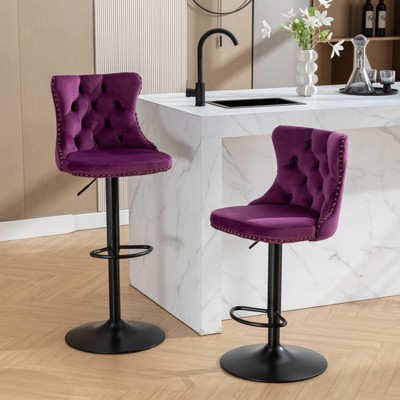 Swivel Velvet Barstools Adjusatble Seat Height from 25-33 Inch,17.7inch base, Modern Upholstered Bar Stools with Backs Comfortable，Set of 2