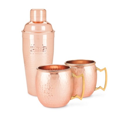 Twine Hammered Moscow Mule Mug Cocktail Set with Shaker for Mixed Drinks, Stainless Steel Kitchen Set, Barware, Set of 3, Copper