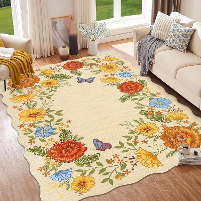 Modern Floral Washable Area Rug Non-Slip Soft Low Pile Stain Resistant Carpet, Large Throw Rug for Living Room, Bedroom, Dining Room Nursery