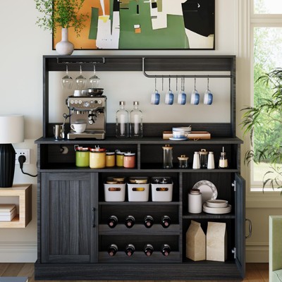 TROPOW 47"Farmhouse Coffee Bar Cabinet with 5 Hooks, Buffet Cabinet with Power Outlets, Goblet Holder, Sideboard Cabinet with Wine Rack Hutch Cabinet