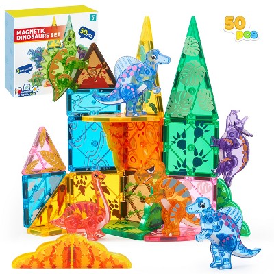 Kids Magnetic Tiles 50/110PCS Building Blocks with Dinosaur or Jungle Animal or Vehicle Construction STEM Educational Toy Boy Girl Xmas Birthday Gift