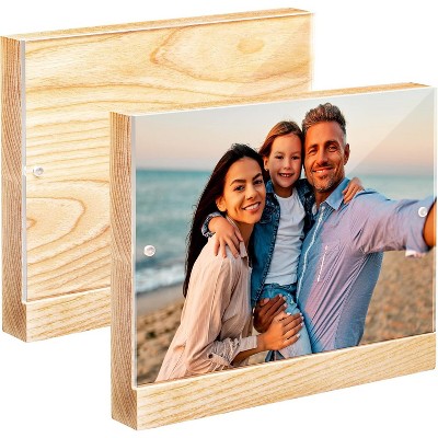 Acrylic Picture Frames, Clear Frame with White Edges & Wood Base, Horizontal & Vertical Picture Frame Set for Tabletop Display | Pack of 2 - Elavain