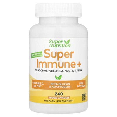 Super Nutrition Super Immune+ Multivitamin with Super Adaptogens, Vitamin C, Vitamin D, Zinc, and Beta Glucan, 240 Veggie Capsules