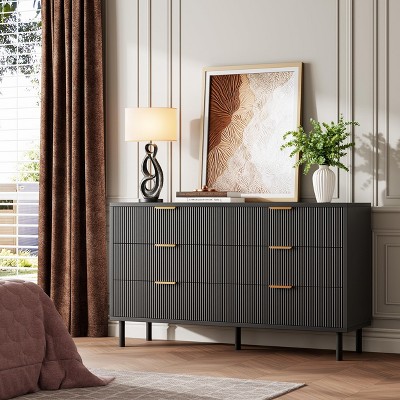 Fluted 6 Drawer Dresser, Wide Wood Double Dresser with Metal Legs and Handles, Modern Chest of Drawers with Anti-Tipping Design