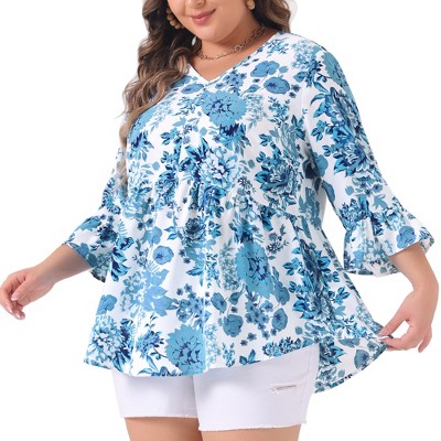 Agnes Orinda Women's Plus Size Floral V Neck Ruffle Sleeve Loose Fit Babydoll Peplum Blouse
