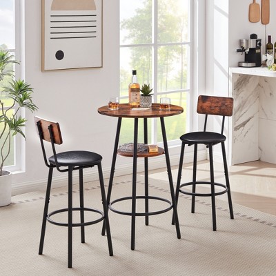 SKRAN Set of 3 Pub Table and Chairs Set, Round Counter Height Table and PU Bar Stools w/Storage Shelf for Breakfast Nook Small Bistro