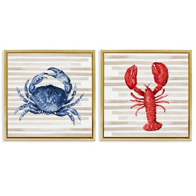Stupell Industries Nautical Crab & Lobster Beige Stripes Black Framed Floater Canvas Wall Art