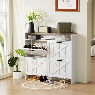 Vividwood Farmhouse Wooden Shoe Cabinet – Narrow Entryway Shoe Storage with 4 Flip Drawers & Organizer Shelves
