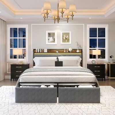 Metal Bed Frame with LED Lights & 2 Drawers, Upholstered Charging Storage Headboard, Noise-Free, Sturdy Build