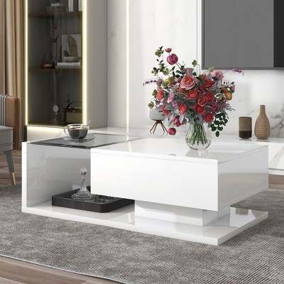 Damerin Modern Wooden Rectangle UV High-gloss 2-Layer Center Coffee Table With Tempered Glass-White