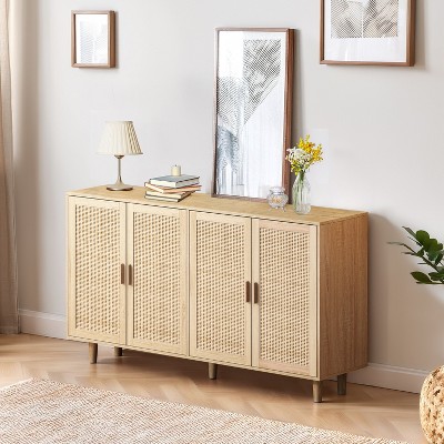 KTMBDW 6 Drawer Double Dresser for Bedroom, Modern Rattan Dresser Chest with Golden Handles for Living Room and Entryway
