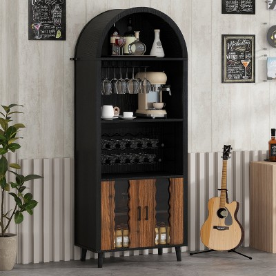 MOEPISY 71inch Farmhouse Arched Cabinet, Tall Arched Display Cabinet Black