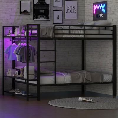 Full over Full Metal Bunk Bed with LED Light, Storage Mesh Shelves & Clothes Hooks - ModernLuxe