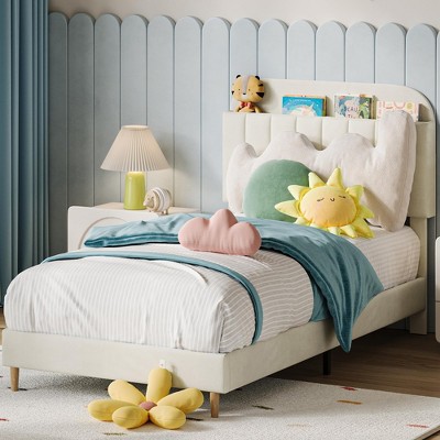 homfan Bed Frames, Velvet Upholstered Platform Bed Frames with Bookcase Headboard, Heavy Duty Steel Support Legs, Easy Assembly, Noise Free