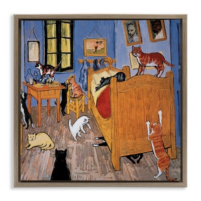 Stupell Industries Cats in Bedroom Classics Parody Black Framed Floater Canvas Wall Art