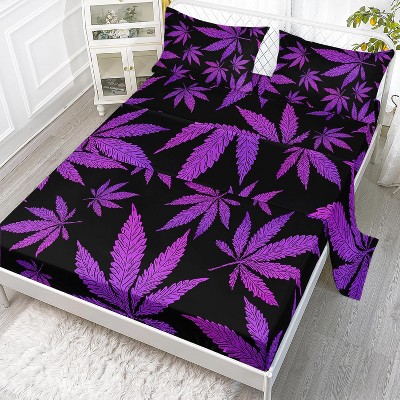 Hachikiko Twin Purple Botanical Bedding Set - 4PC Weed Leaf Print Sheet Set with Fitted Sheet, Flat Sheet & Pillowcases