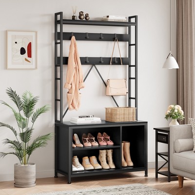 3-in-1 Entryway Hall Tree with Drawer, Vintage Industrial Coat Rack with Shoe Bench & Hutch, Mudroom Bench w/8 Hooks for Living Room Bedroom, Black