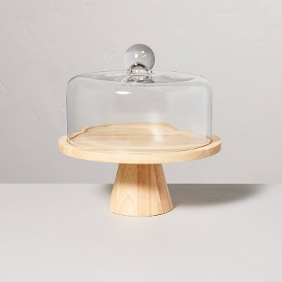 11.5" Wooden Cake Stand with Glass Cloche - Hearth & Hand™ with Magnolia: Rubberwood Pedestal, Farmhouse Style