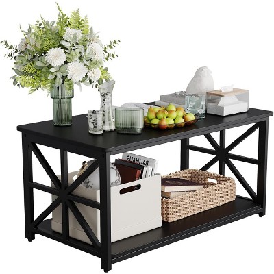 2-Tier Coffee Table, X-Frame Living Room Table with Storage Shelf for Small Spaces, Durable Rectangle Center Table for Farmhouse