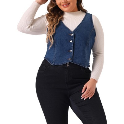 Agnes Orinda Women's Plus Size Sleeveless V Neck Button Down Casual Jean Denim Vest