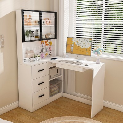 KTMBDW Computer Desk with Glass Cabinets, Corner L-Shaped Office Desk with USB Charging Ports, Keyboard Tray, Ergonomic Design for Living Room,Bedroom
