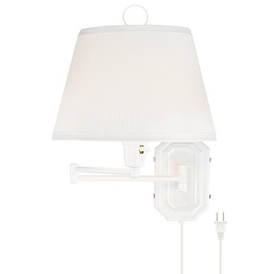 Barnes and Ivy Amelie Country Cottage Swing Arm Wall Lamp White Plug-in Light Fixture Pleated Fabric Bell Shade for Bedroom Bedside Living Room House