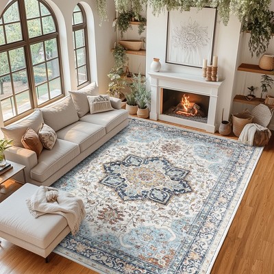 Washable Area Rug Vintage Retro Boho Carpet Floral Pattern Floor Rugs for Kitchen Living Room Bedroom