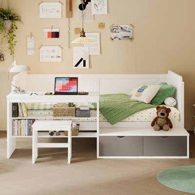Twin Size Wooden Daybed with Storage Shelves and Lockers, Multi-Functional Bed with Study Desk and Matching Stool - ModernLuxe