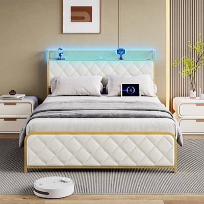 King Upholstered Bed Frame | LED Lights & Charging Station | Diamond Headboard | Metal Slats - No Box Spring | Noise Free & Easy Setup