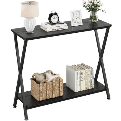 Console Table, Black Sofa Tables Narrow Entryway Table with Storage Shelf and Metal Frame