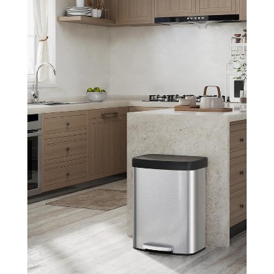 50L/13 Gallon Trash Can - Large Kitchen Garbage Can with Liner Rim, Rustproof Step-on Metal Waste Bin, Soft-Close Lid, Rear Handle
