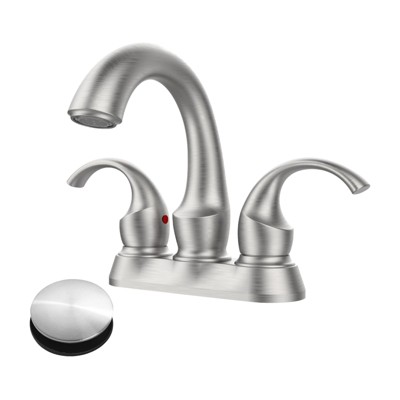 Cobbe Bathroom Faucet 2-Handle Brushed Nickel with Aerator, Swan Style 4-inch Centerset Vanity Sink with Pop-Up Drain and Supply Hoses