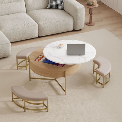 NicBex Round 2-Tier Lift-Top CoffeeTable with Storage & 3 Ottoman, Mid Century Center Tables for Living Room Small Space