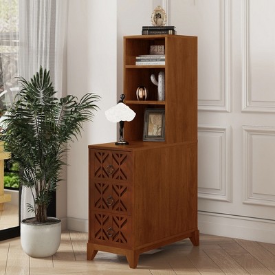 Modern End Table with Drawers, Corner Sofa Side Table with Open Shelves, Bedroom Nightstand for Small Spaces, Side Table for Living Room