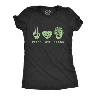 Womens Peace Love Brains T Shirt Funny Halloween Skeleton Zombie Graphic Tee - Crazy Dog Women's T Shirt For Halloween Season