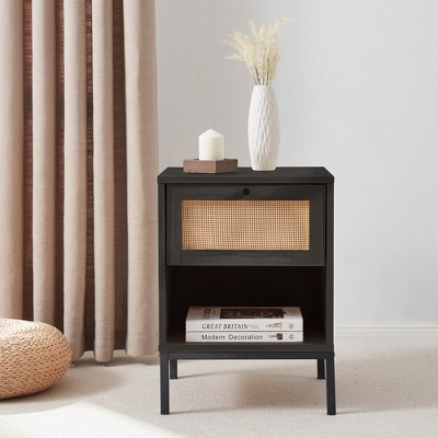 Nestl Rattan Nightstand End Table with Drawer, Bedside Table with Open Shelf for Bedroom Essentials