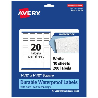 Avery Durable Waterproof Square Labels with Sure Feed, 1.5" x 1.5"