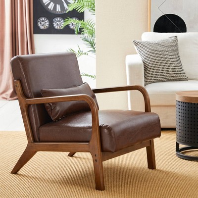 Mid-Century Modern Leatherette Arm Accent Chair Walnut Rubberwood Frame Coffee - Glitzhome: Low-Profile, PU Upholstery