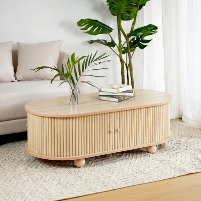 47 Inch MDF Coffee Table with Accordion Door,Oval Wood Grain Side Table for Living Room,Rustic Dual-Level Storage Accent Table-Cuddlewood