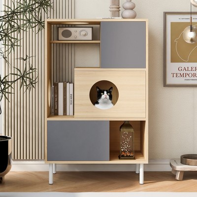 YOOCOZZ 2-in-1 Cat Tree Bookshelf with Storage and Litter Box Enclosure,Cat Climbing Shelves-Natural&Grey