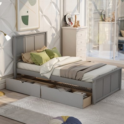 Twin Size Wood Platform Storage Bed with Trundle Bed/ Two Drawers-ModernLuxe