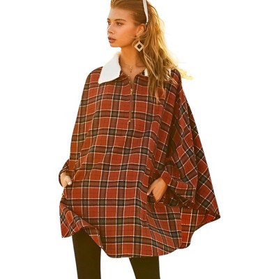 Slickblue Women's Plaid Cape-Style Pullover with Mock Neck, Zipper Detail, and Front Pocket – Rust, Sizes S/M