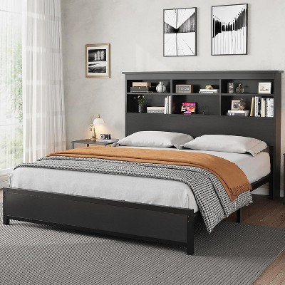2-Tier High Headboard Bed Frame,Bookcase Storage Platform Bed with Charging Station,No Box Spring Needed & Easy to Assemble