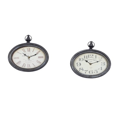 Set of 2 Metal Pocket Watch Style Wall Clocks Cream - Olivia & May: Vintage-Inspired, Oval, Indoor Hanging Timepieces