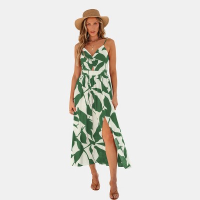 Women's Blue and White Abstract Floral Print Maxi Dress with Side Slit - Cupshe