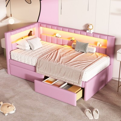 Whisen Modern Full Size Upholstered Platform Bed with LED Lights, USB Ports & Pull-Out Trundle, No Box Spring Needed