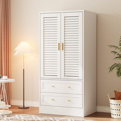 GustoWave Wardrobe Armoire Closet with 2 Shutter Doors, White Wardrobe with Hanging Rods and 2 Drawers, Modern Bedroom Armoire with Gold Handles