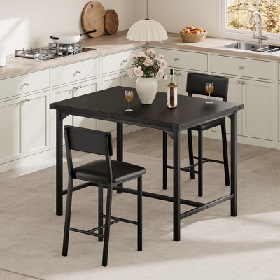 Dining Table Set for 2 W/Footrest & Backrest, Counter Height Table with 2 Upholstered Bar Chairs, Kitchen Table Set with Corner Protector